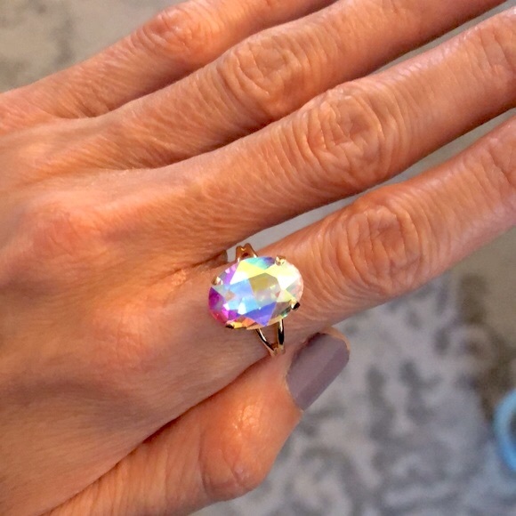 Aurora Borealis + Gold Oval Crystal Ring - Picture 12 of 16